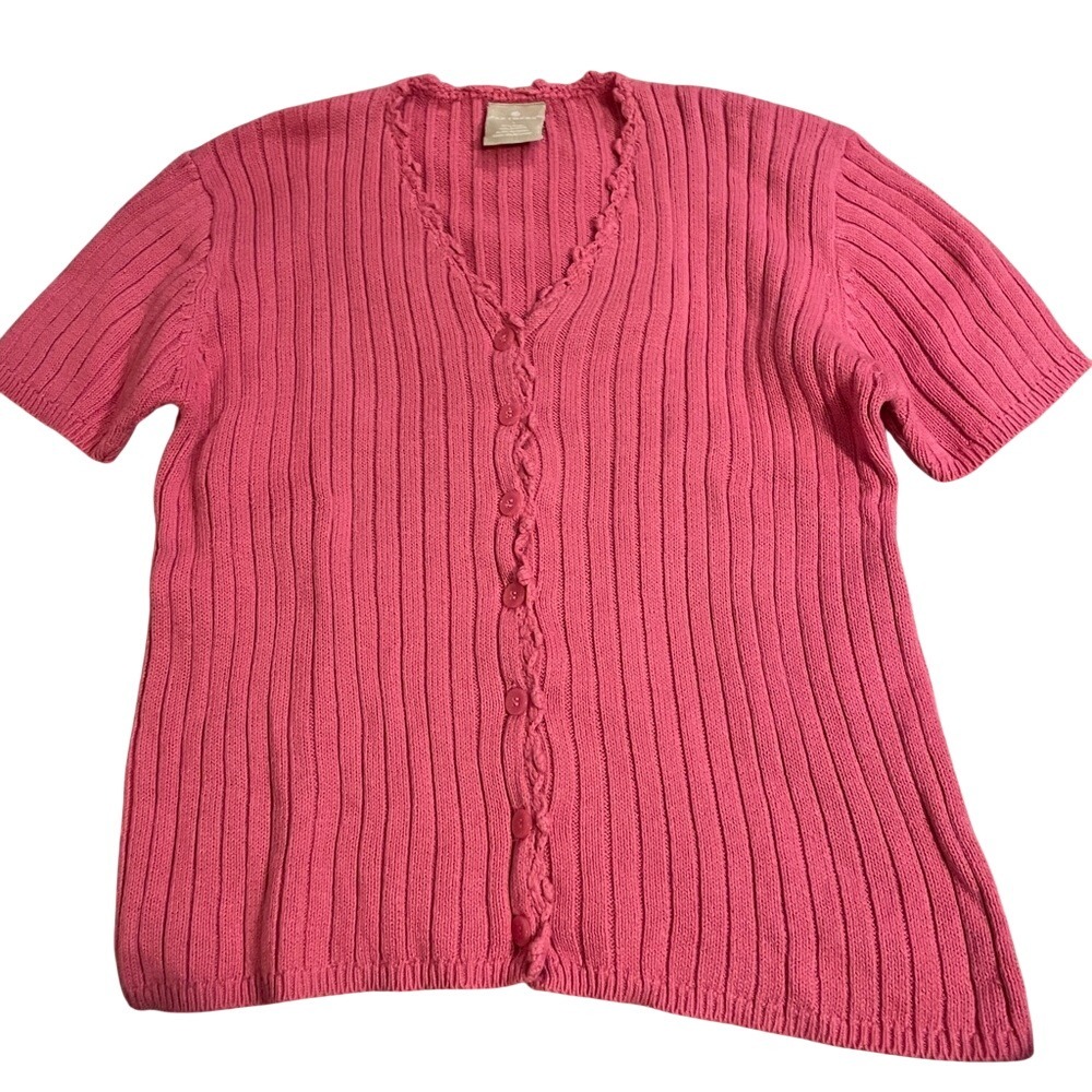Partners Pink Ribbed Short Sleeve Cardigan Sweater V-Neck Scalloped Trim Large